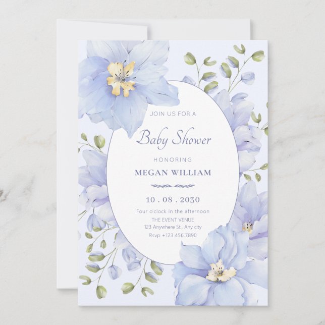 Convite Chá de fraldas roxo de flor mole (Frente)