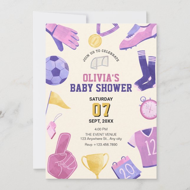 Convite Chá de fraldas roxo de futebol (Frente)