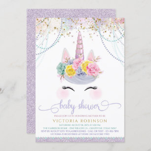 Convite Chá de fraldas Roxo de Garota do Unicórnio