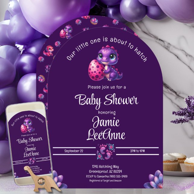 Convite Chá de fraldas Roxo do Dinossauro em Breve (Modern "Hatching Soon" Purple Dinosaur Arch Baby Shower Invitation - Digital and Print)