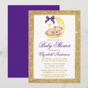 Convite Chá de fraldas Roxo Dourado da Lua do Urso de Ted