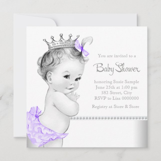 Convite Chá de fraldas Roxo e Prata Elegante (Frente)