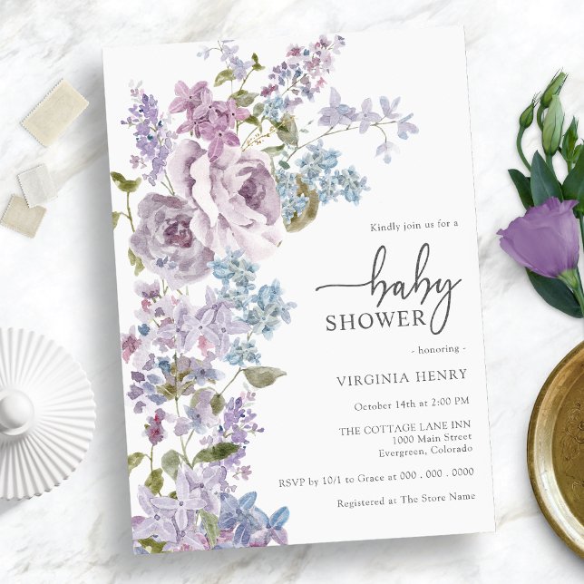 Convite Chá de fraldas Roxo Elegante (Elegant Purple Baby Shower Invitation)