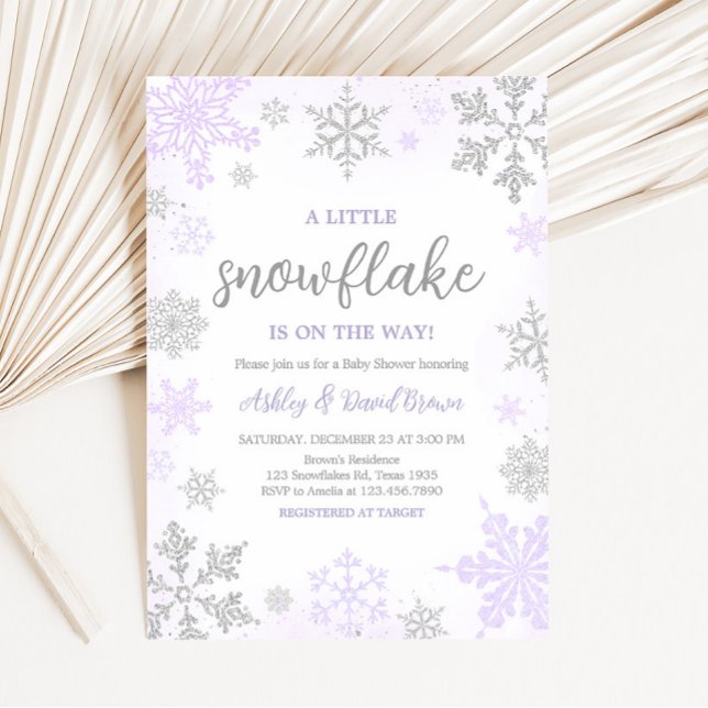 Convite Chá de fraldas Roxo Floco de Neve (Purple Silver Snowflake Baby Shower Invitation)