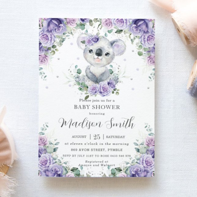 Convite Chá de fraldas Roxo Lilac Floral Cute Koala (Criador carregado)