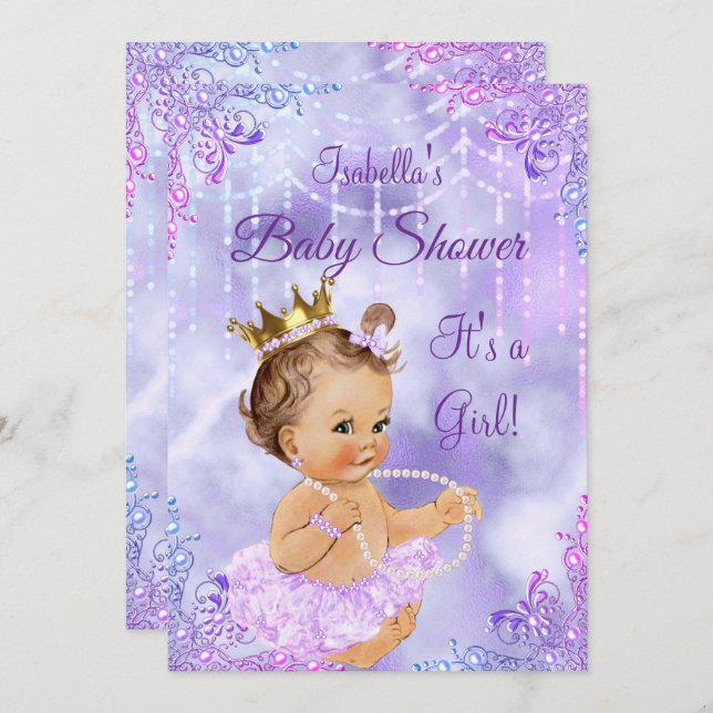 Convite Chá de fraldas Roxo Lilac Pearl Brunette (Frente/Verso)