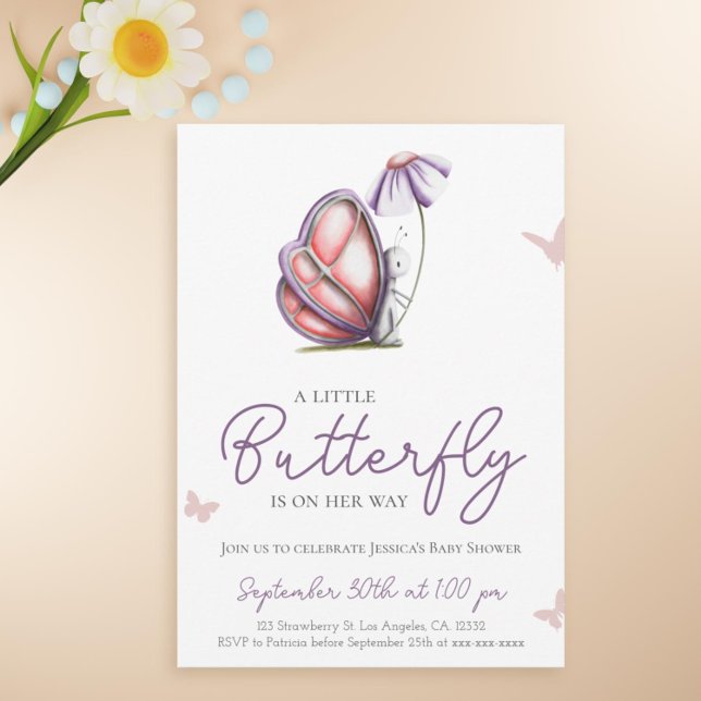 Convite Chá de fraldas Roxo-Roxo-Borboleta (Cute butterfly baby shower invitation)