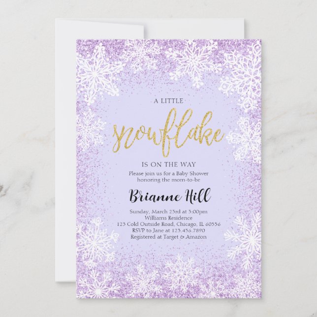 Convite Chá de fraldas Roxo Um Pequeno Floco de Neve (Frente)