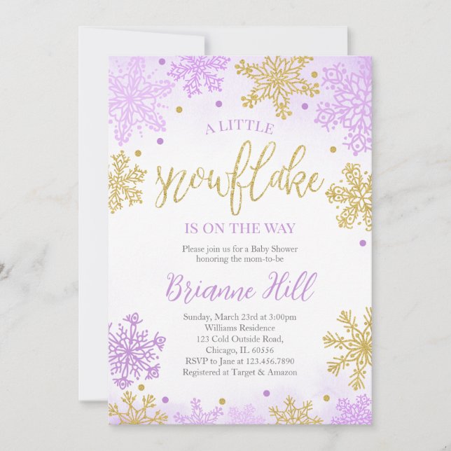 Convite Chá de fraldas Roxo Um Pequeno Floco de Neve (Frente)