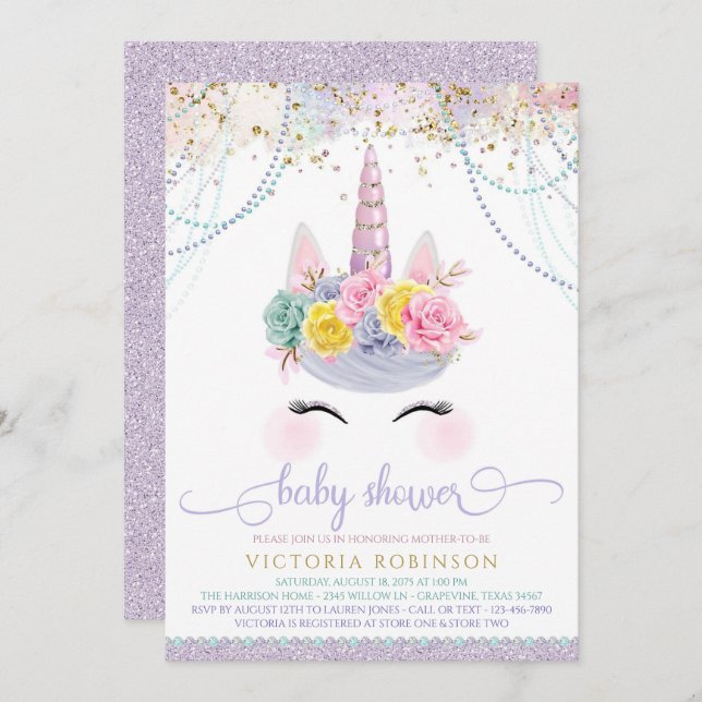 Convite Chá de fraldas Roxo Unicorn (Frente/Verso)