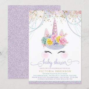 Convite Chá de fraldas Roxo Unicorn
