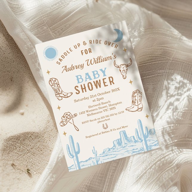 Convite Chá de fraldas Russo Blue Desert Boys Cowboy (Boys Cowboy Baby Shower invitation, Blue Brown Western Desert Wild West Southern Country Rodeo )