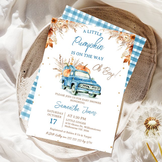 Convite Chá de fraldas Russo Blue Truck Little Pumpkin (Boy Fall Little Pumpkin Baby Shower Invitation, Blue Pumpkin Truck Baby Shower Invite, Brown Foliage)