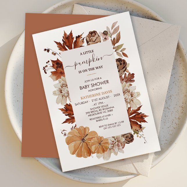 Convite Chá de fraldas Russo Castanho Queda Pequeno (Rustic Little Pumpkin baby Shower Invitation Template, Fall Baby Shower Invitation, Gender Neutral)