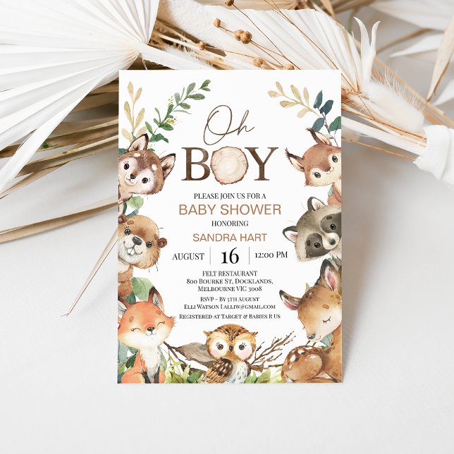 Convite Chá de fraldas Russo Castanho Verde de Madeira (Boy Woodland Baby Shower Invitation, Forest Animals, Watercolour Woodland Animals, Greenery, Oh Boy)