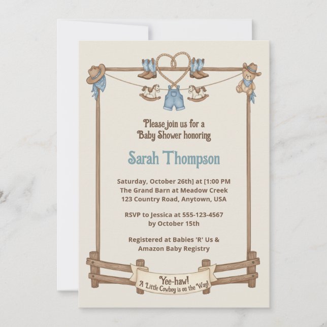 Convite Chá de fraldas Russo Cowboy Clothesline Boy (Frente)