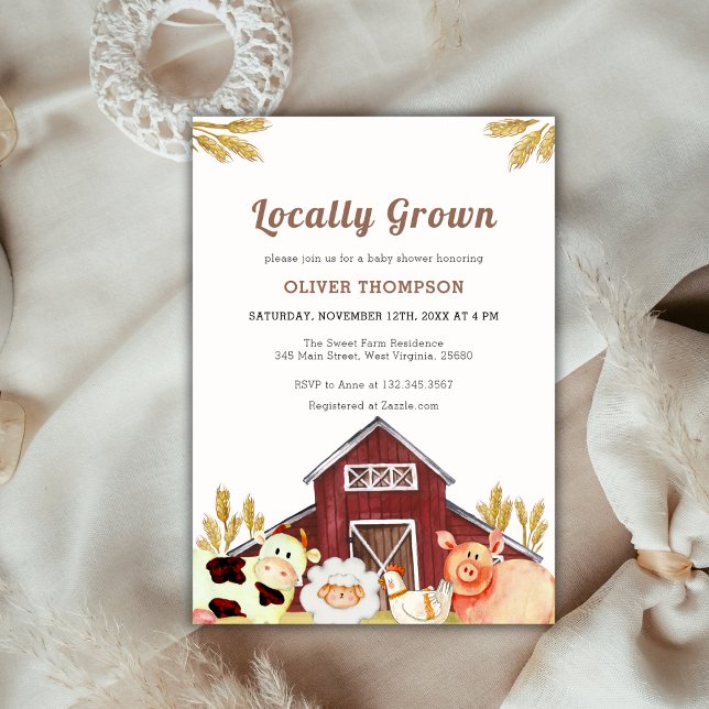 Convite Chá de fraldas Russo De Animais De Criação Cultiva (Rustic Locally Grown Farm Animals Baby Shower Invitation)