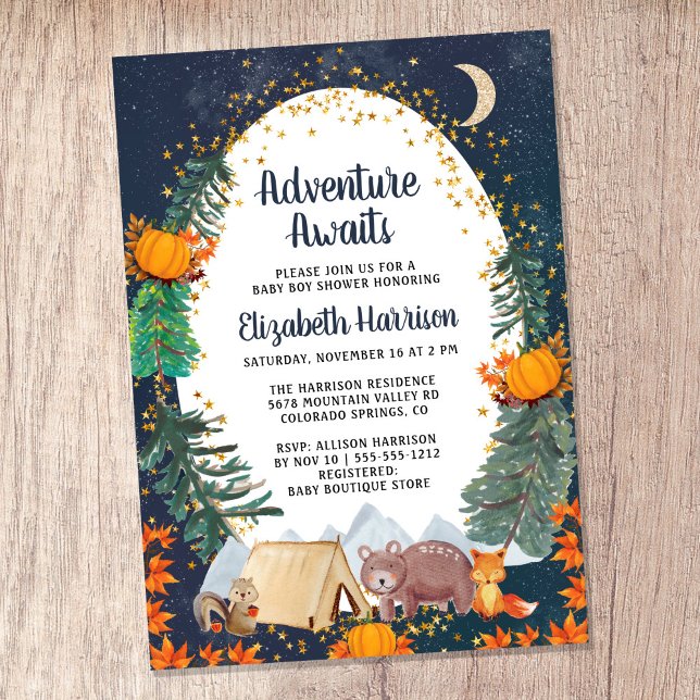 Convite Chá de fraldas Russo de Autumn Adventure Night Sky (Celebrate the upcoming arrival of your sweet little autumn baby with a pumpkin-themed baby shower)
