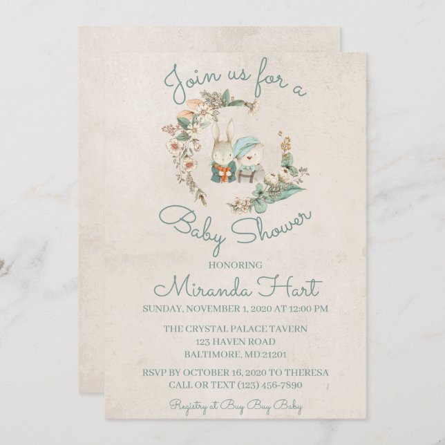 Convite Chá de fraldas Russo de Cores Aquáticas Doce (Frente/Verso)