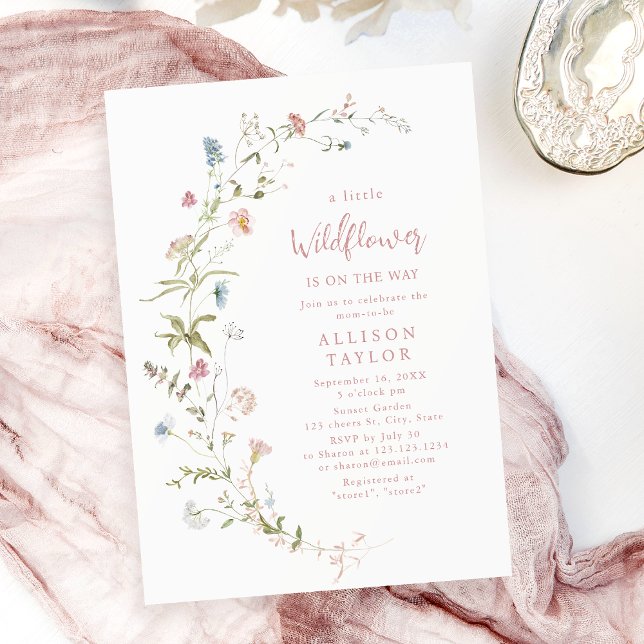 Convite Chá de fraldas Russo de Flor Selvagem Rosa Elegant (Elegant Pink Wildflower Rustic Boho Baby Shower Invitation)