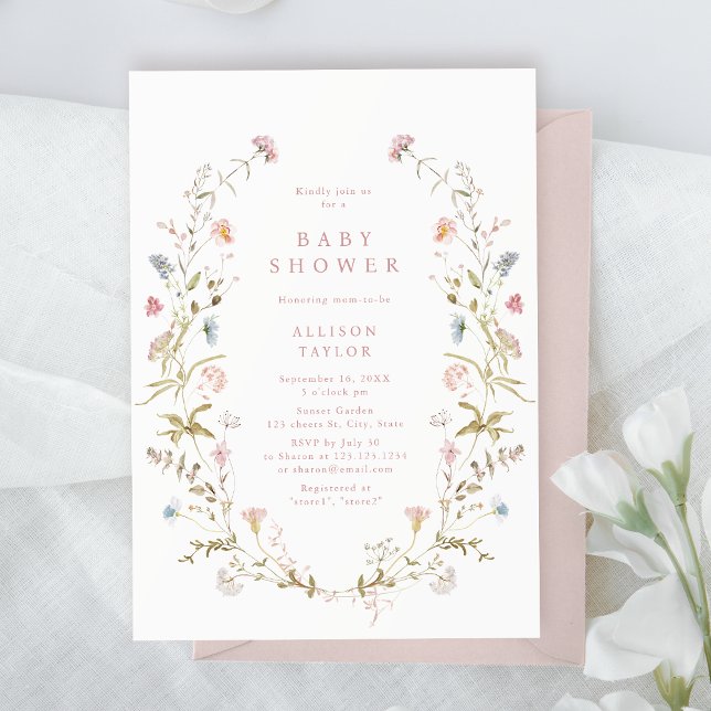 Convite Chá de fraldas Russo de Flor Selvagem Rosa Elegant (Elegant Pink Wildflower Rustic Boho Baby Shower Invitation)