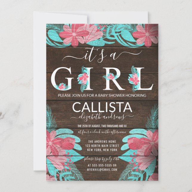 Convite Chá de fraldas Russo de Garota Floral de Teal Rosa (Frente)