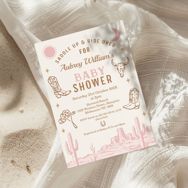 Convite Chá de fraldas Russo de Garotas do Deserto Rosa (Girls Cowgirl Baby Shower Invitation, Western Wild West, Southern Country, Rodeo Baby Shower Invite)