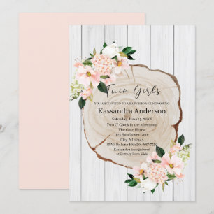 Convite Chá de fraldas Russo de Gêmeos Florais Blush Woodl