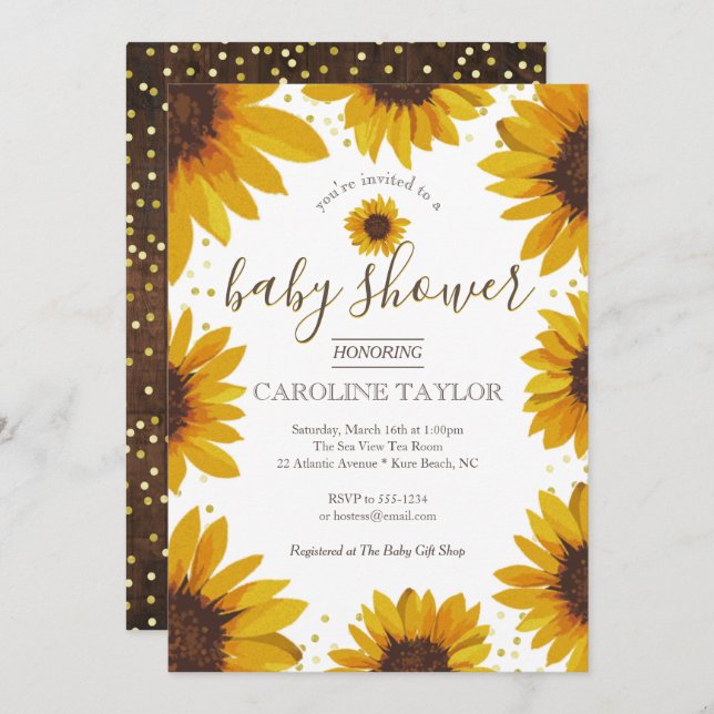 Convite Chá de fraldas russo de girassol na madeira (Frente/Verso)