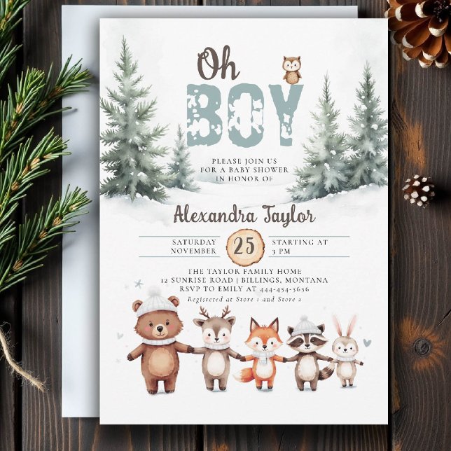 Convite Chá de fraldas Russo de Inverno de Animais da Flor (winter baby shower invitation oh boy cute woodland animals watercolor snow rustic adventure)