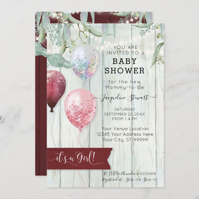 Convite Chá de fraldas Russo de Madeira de Balão Rosa Burg (Frente/Verso)