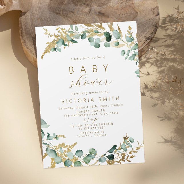 Convite Chá de fraldas russo de ouro eucalipto verde boho (Rustic eucalyptus gold greenery boho Baby Shower Invitation)