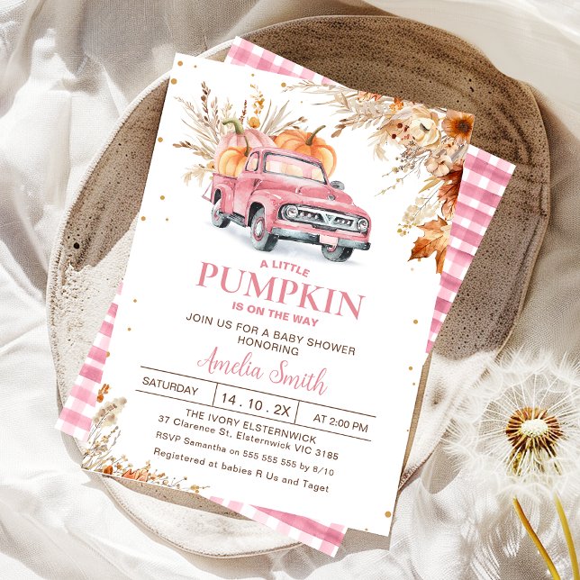 Convite Chá de fraldas Russo de Pumpkin Rosa de Flor Selva (Editable Girls Pumpkin Truck Baby Shower Invitation Fall Harvest Pink Truck Autumn Baby Shower Girl)