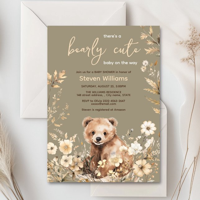 Convite Chá de fraldas Russo Woodland Bear neutro em termo (Cute watercolor forest bear with rustic beige flowers baby shower invitation)