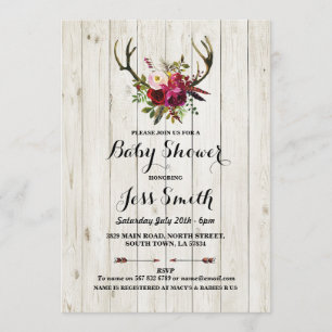 Convite Chá de fraldas Rustic Antler Floral Wood Party