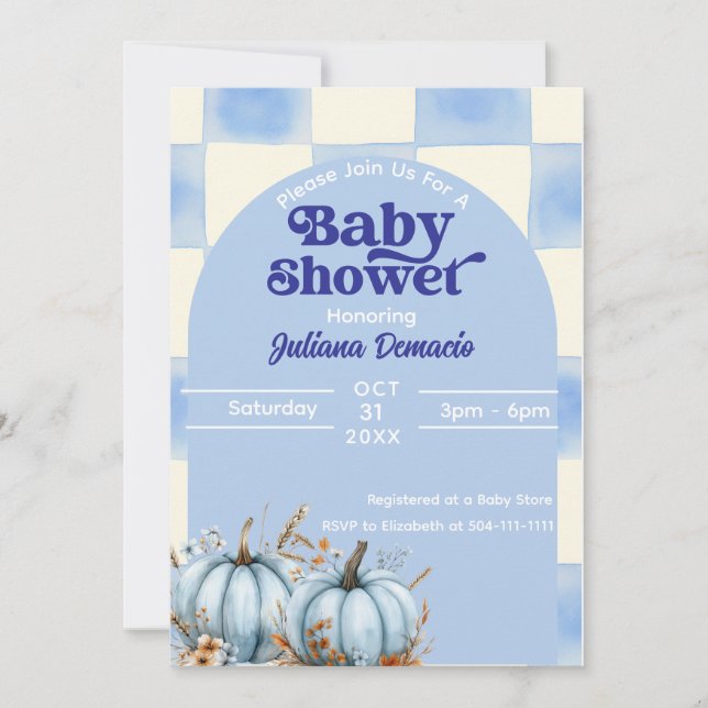 Convite Chá de fraldas Rustic Blue Gingham Pumpkin (Frente)