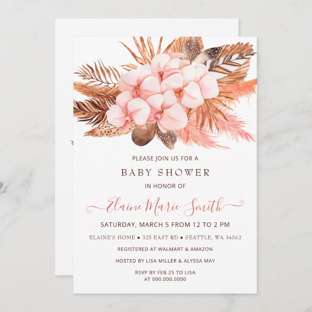 Convite Chá de fraldas Rustic Boho Blush Pampas Grass Girl (Frente/Verso)