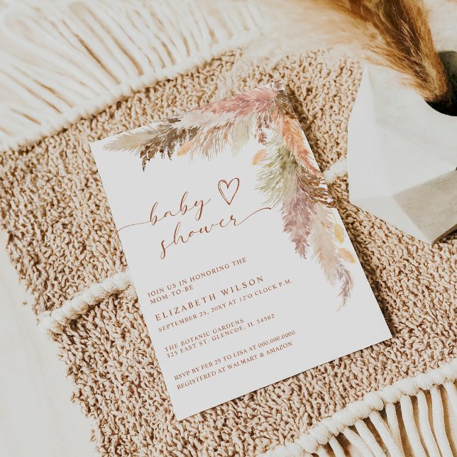 Convite Chá de fraldas Rustic Boho Terracotta Pampas Grass (Rustic Boho Terracotta Pampas Grass Baby Shower Invitation)