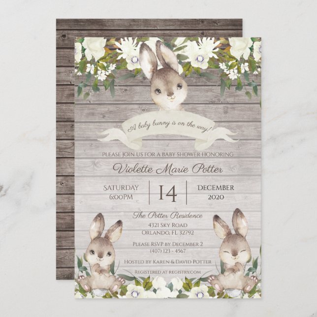 Convite Chá de fraldas Rustic Brown and White Bunny Rabbit (Frente/Verso)