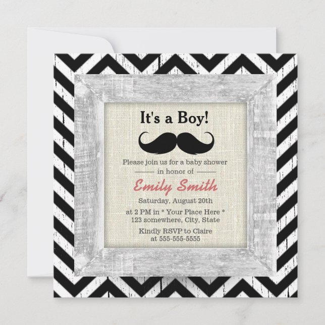 Convite Chá de fraldas Rustic Chevron Stripes Mustache Boy (Frente)