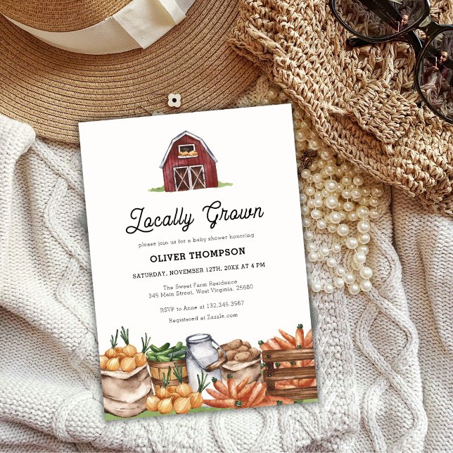 Convite Chá de fraldas Rustic Country Localmente Cultivado (Rustic Country Locally Grown Veggie Baby Shower Invitation)