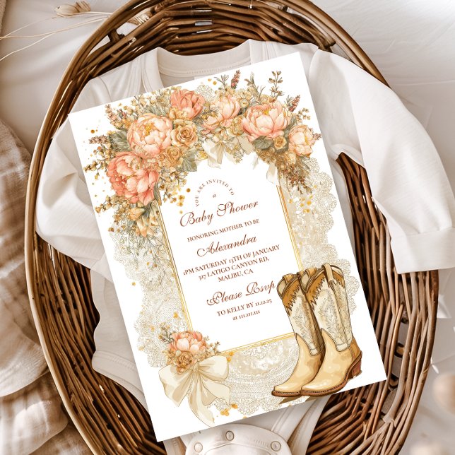 Convite Chá de fraldas Rustic Country Peony Boots (Criador carregado)