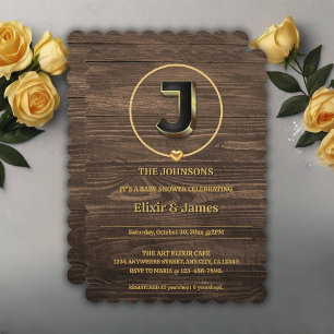 Convite Chá de fraldas Rustic Dourado Heart Monogramas Fam