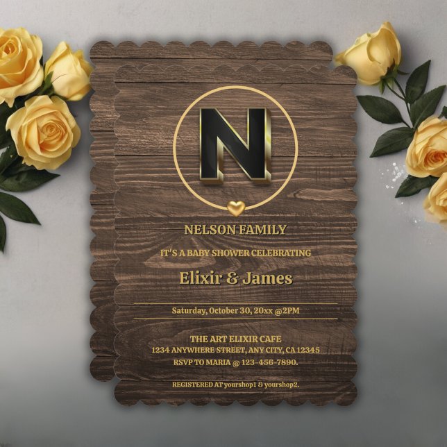 Convite Chá de fraldas Rustic Dourado Heart Monogramas Fam (Criador carregado)