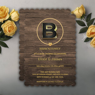 Convite Chá de fraldas Rustic Dourado Heart Monogramas Fam