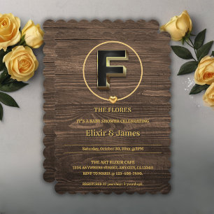 Convite Chá de fraldas Rustic Dourado Heart Monogramas Fam
