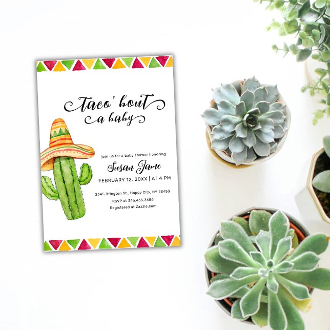 Convite Chá de fraldas Rustic Fiesta Taco Watercolor Cactu (Rustic Fiesta Taco Watercolor Cactus Baby Shower Invitation)