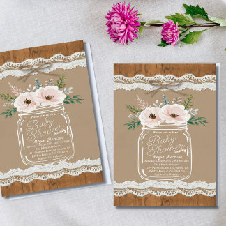 Convite Chá de fraldas Rustic Floral Mason Jar Lace & Twin