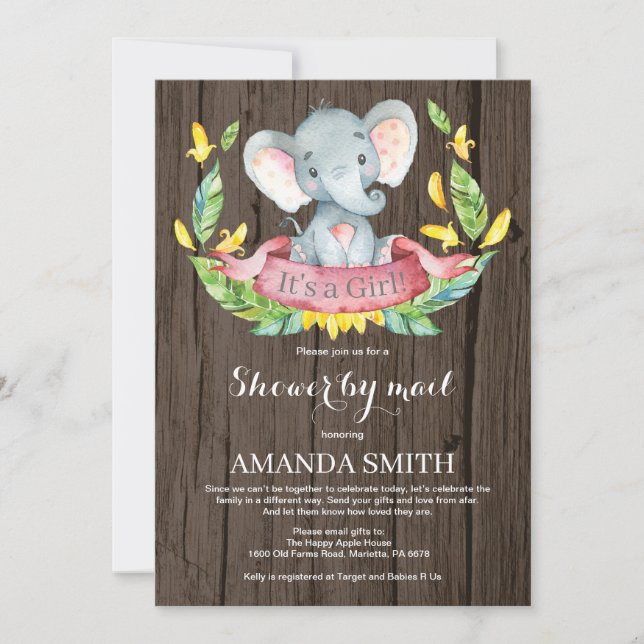 Convite Chá de fraldas Rustic Girl Elephant por Mail (Frente)