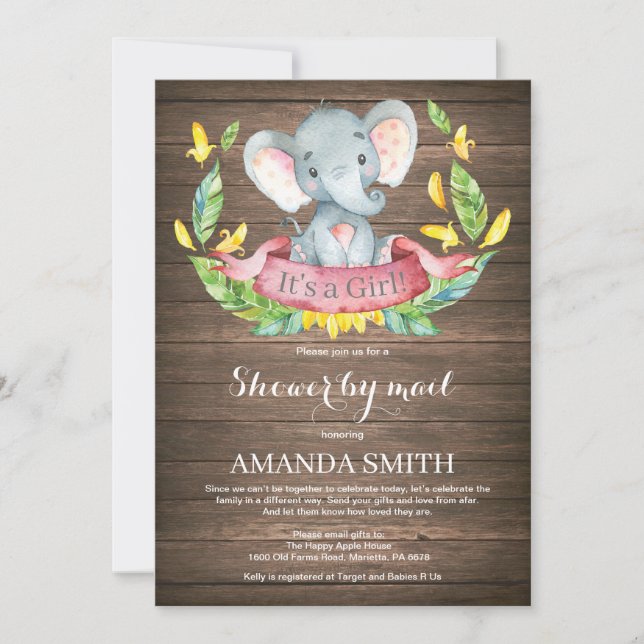 Convite Chá de fraldas Rustic Girl Elephant por Mail (Frente)